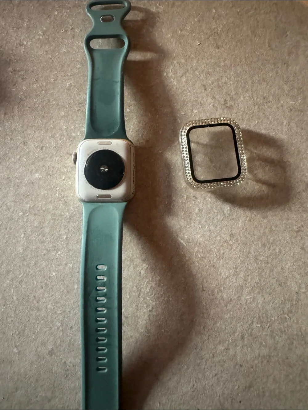 Apple Smartwatch with Teal Floral Silicone Band and Silver Rhinestone Bezel